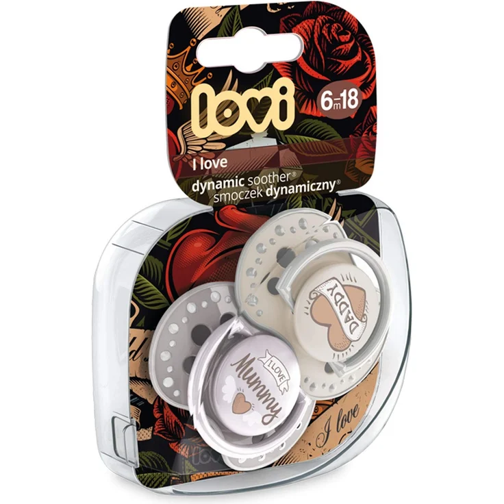 LOVI Schnuller 6-18 Monate, Silikon, BPA-frei, Hygieneschutzhülle, I Love Kollektion, 2 Stück – Bild 3