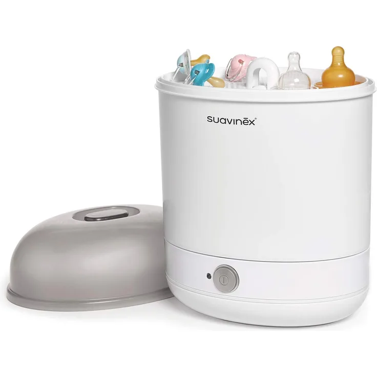 Suavinex, Elektrischer Sterilisator für Babyflaschen, Sauger und Schnuller. Dampfsterilisator. 3-in-1: Großformat, Kleinformat und Mikrowellenformat. Bis zu 6 Babyflaschen. Wird in 6 Min sterilisiert