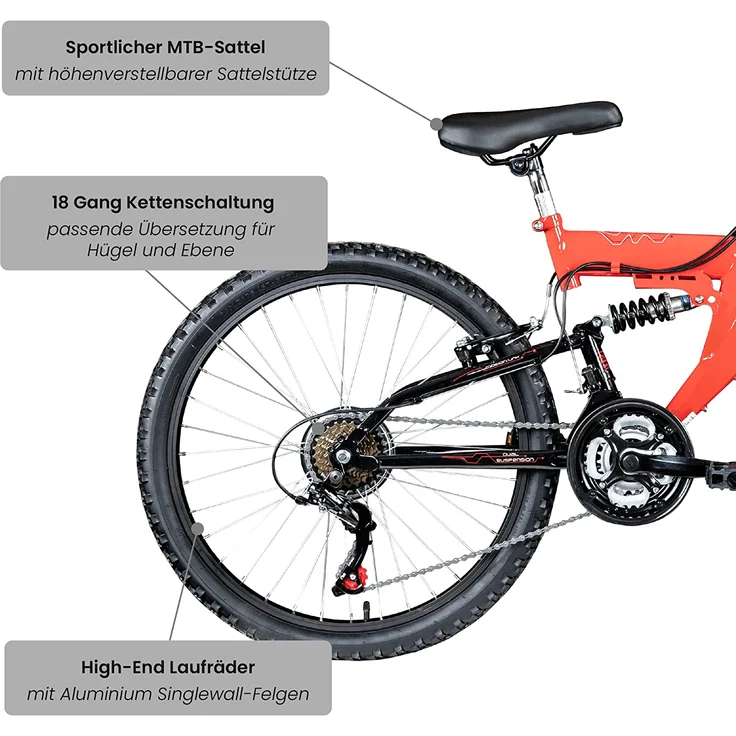 Galano FS180 Jugendfahrrad 24 Zoll Mountainbike 130 - 145 cm 21 Gänge Mädchen Jungen Fahrrad ab 8 Jahre MTB Fully Jugendrad V-Brakes rot, 37 cm – Bild 4