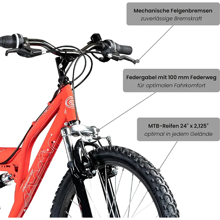 Galano FS180 Jugendfahrrad 24 Zoll Mountainbike 130 - 145 cm 21 Gänge Mädchen Jungen Fahrrad ab 8 Jahre MTB Fully Jugendrad V-Brakes rot, 37 cm – Bild 3