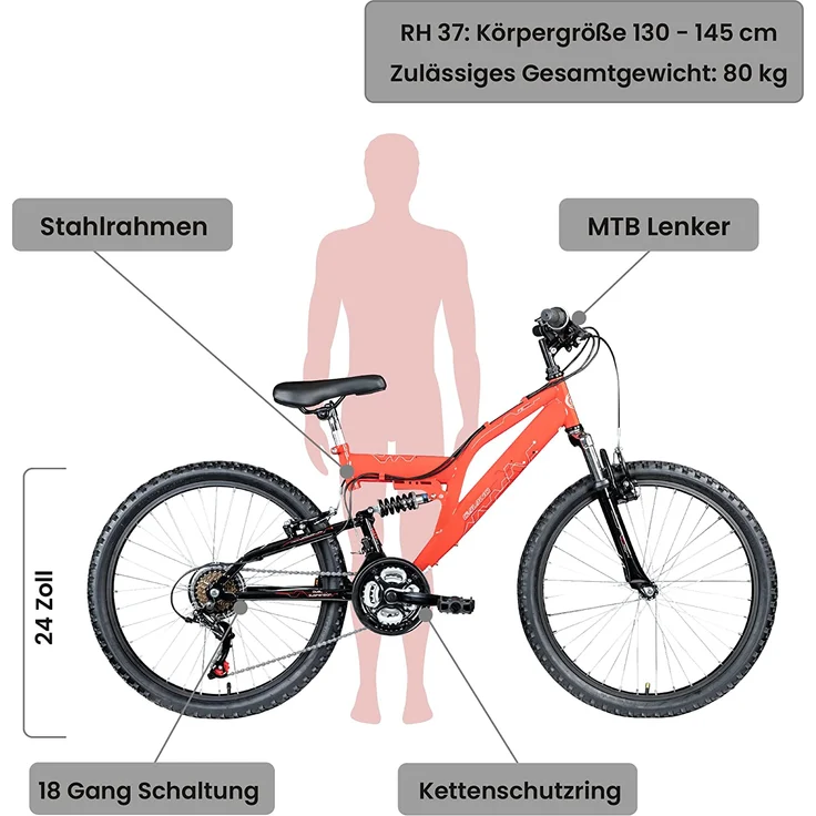 Galano FS180 Jugendfahrrad 24 Zoll Mountainbike 130 - 145 cm 21 Gänge Mädchen Jungen Fahrrad ab 8 Jahre MTB Fully Jugendrad V-Brakes rot, 37 cm – Bild 2