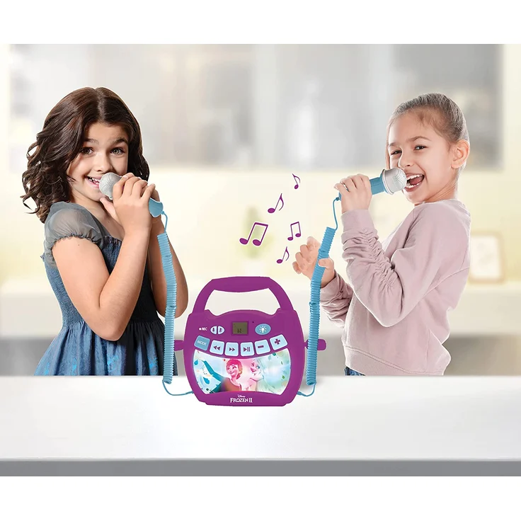 Lexibook MP320FZZ Disney Die Eiskönigin 2-Tragbarer digitaler Karaoke-Player für Kinder-Mikrofone, Lichteffekte, Bluetooth, Aufnahme-und Sprachwechslerfunktionen, wiederaufladbarer Akku, Lila – Bild 3