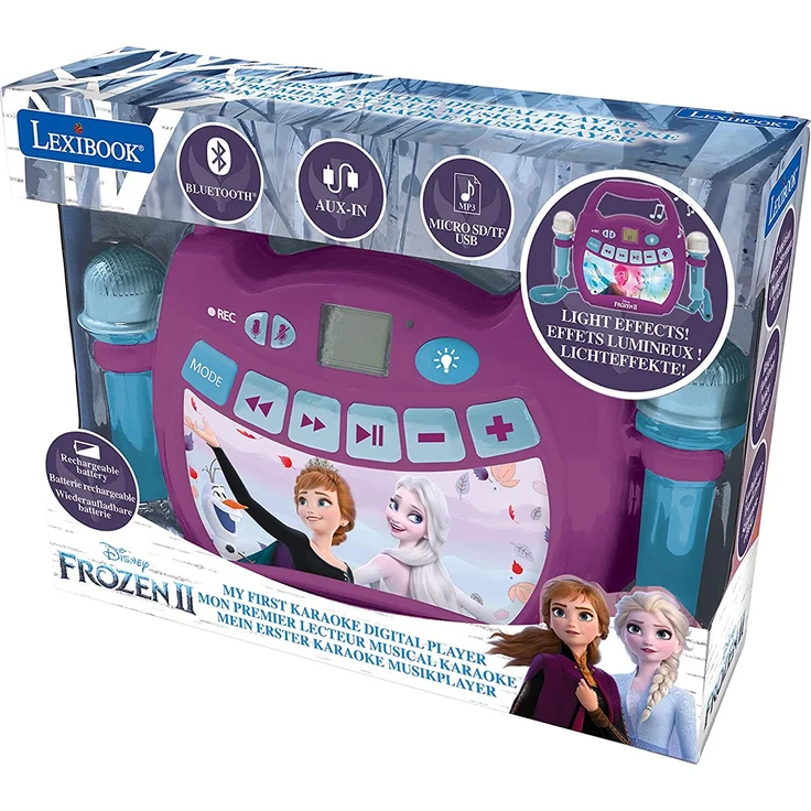 Lexibook MP320FZZ Disney Die Eiskönigin 2-Tragbarer digitaler Karaoke-Player für Kinder-Mikrofone, Lichteffekte, Bluetooth, Aufnahme-und Sprachwechslerfunktionen, wiederaufladbarer Akku, Lila – Bild 2