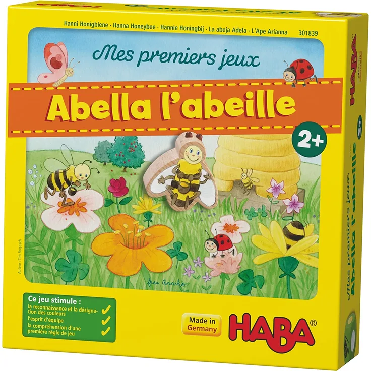 HABA Mes premiers jeux - Abella l'abeille, jeu coopératif de dés de couleur pour 1-4 joueurs de 2 ans, pour apprendre les couleurs, 301839