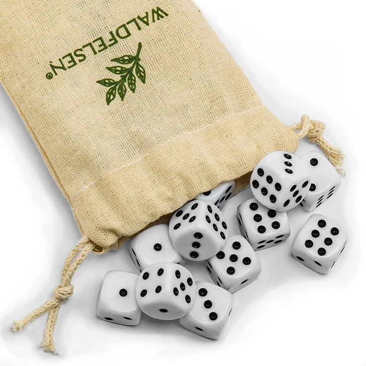 20 hochqualitative Würfel von Waldfelsen® Standardgröße 16 mm Acrylwürfel Knobel Spielwürfel Dice 6-seitig sechsseitig Spielzubehör Set mit Stoffbeutel (Weiß, 20 Stück) – Bild 2
