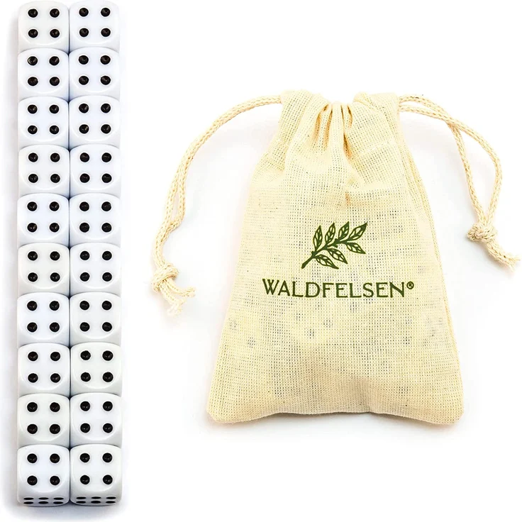 20 hochqualitative Würfel von Waldfelsen® Standardgröße 16 mm Acrylwürfel Knobel Spielwürfel Dice 6-seitig sechsseitig Spielzubehör Set mit Stoffbeutel (Weiß, 20 Stück) – Bild 3