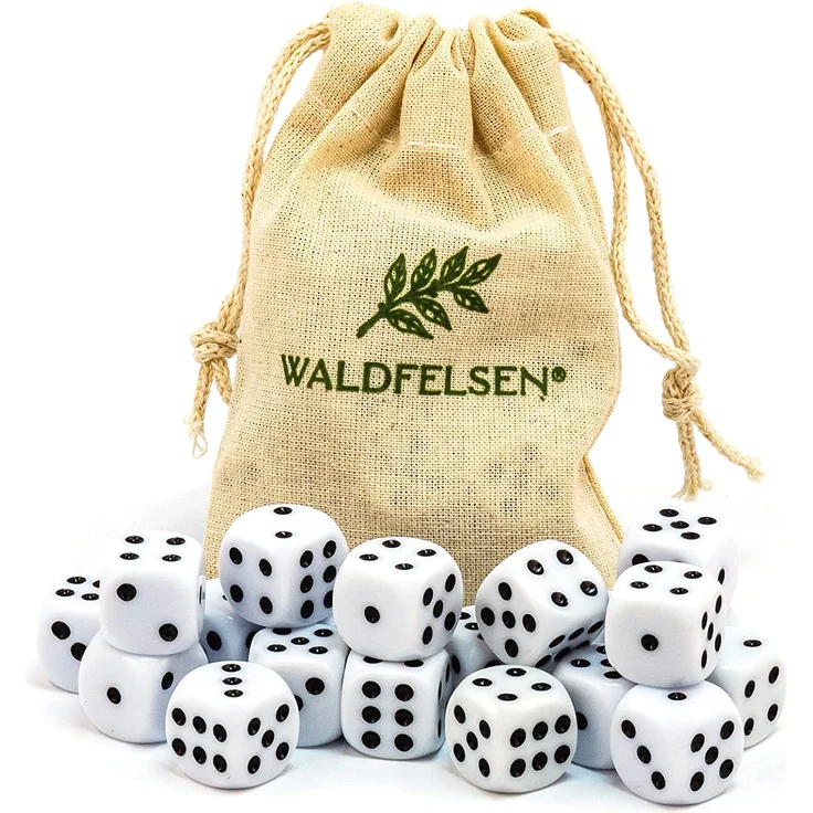 20 hochqualitative Würfel von Waldfelsen® Standardgröße 16 mm Acrylwürfel Knobel Spielwürfel Dice 6-seitig sechsseitig Spielzubehör Set mit Stoffbeutel (Weiß, 20 Stück) – Bild 1