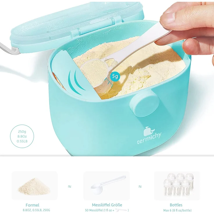 Milchpulver Portionierer, Termichy Milchpulver-Spender, 250g luftdichter tragbarer Milchpulver-Behälter für Reisen, mit Schaber und Löffel (Blau,1 Stück) – Bild 2