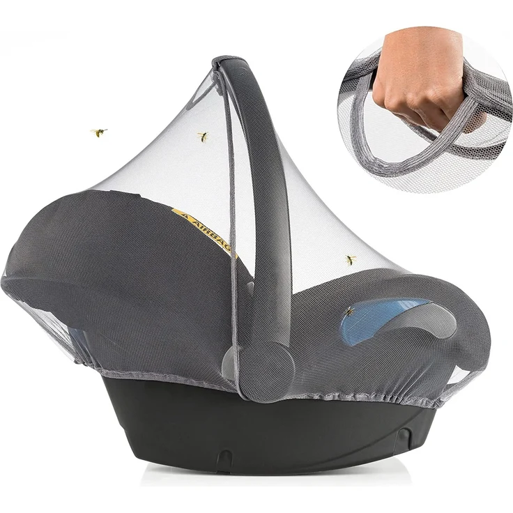 Zamboo Insektenschutz für Babyschale - Mückennetz für Baby Autositze (z. B. Maxi-Cosi, Cybex, Römer) - feinmaschiges Moskitonetz mit Gummizug und Trageöffnung - Grau – Bild 1