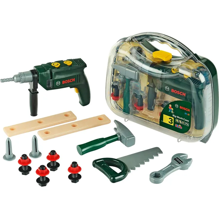 Theo Klein 8416 Bosch Werkzeugkoffer, groß I 16-teiliges Werkzeug-Set I Inkl. batteriebetriebenem Bohrer mit Licht und Sound I Maße: 32 cm x 8 cm x 29 cm
