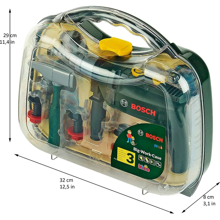 Theo Klein 8416 Bosch Werkzeugkoffer, groß I 16-teiliges Werkzeug-Set I Inkl. batteriebetriebenem Bohrer mit Licht und Sound I Maße: 32 cm x 8 cm x 29 cm – Bild 4