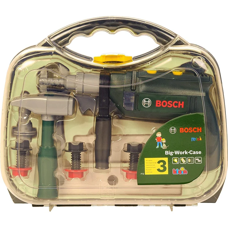 Theo Klein 8416 Bosch Werkzeugkoffer, groß I 16-teiliges Werkzeug-Set I Inkl. batteriebetriebenem Bohrer mit Licht und Sound I Maße: 32 cm x 8 cm x 29 cm – Bild 2