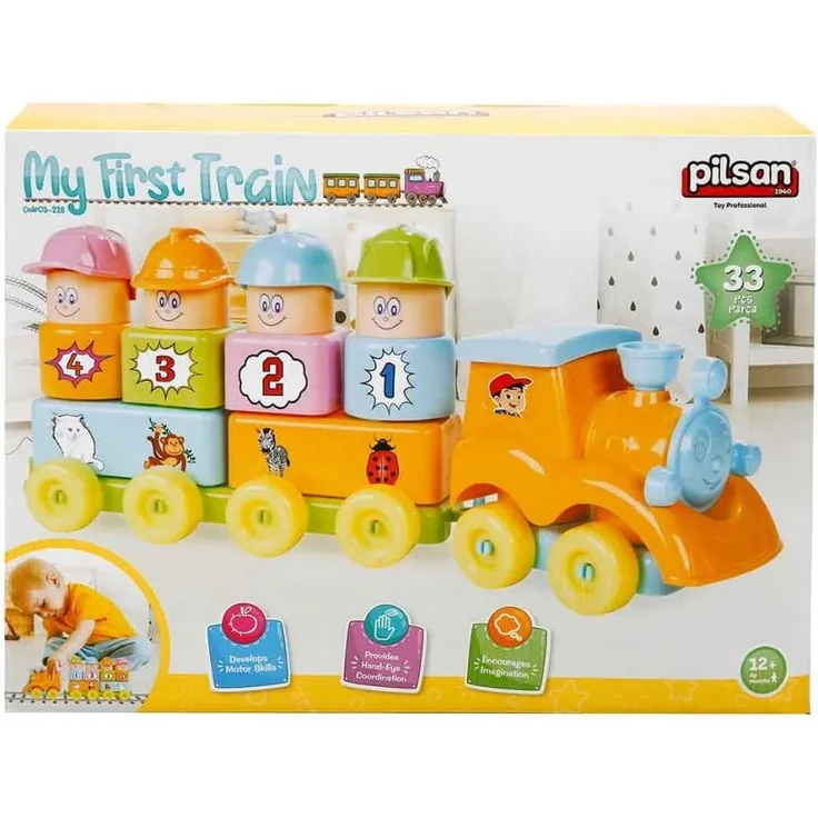 Pilsan - Pilsan 03228 Mein erster Zug 33-teilig ab 1 Jahr, bunte Bausteine und Figuren