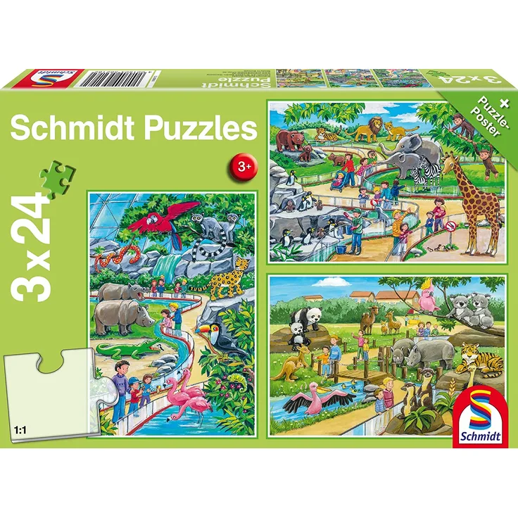 Schmidt Spiele Puzzle 56218, grün, EIN Tag im Zoo, 3x24 Teile