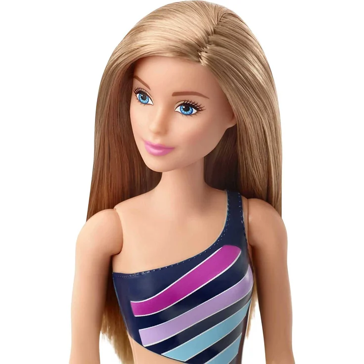 Barbie GHW41 - Beach Puppe mit Badeanzug im Streifenmuster, Spielzeug ab 3 Jahren – Bild 3