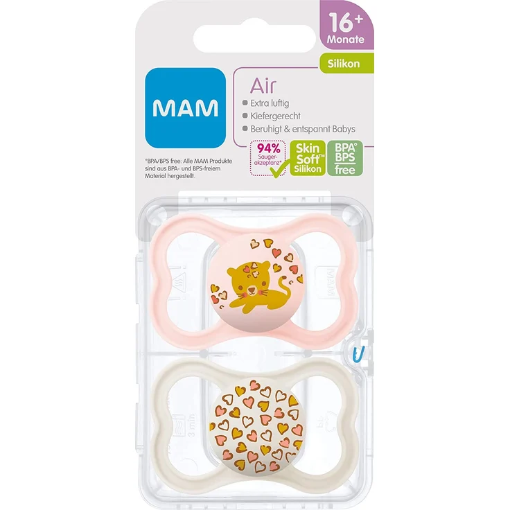 MAM Air Silikon Schnuller im 2er-Set, extra leichtes und luftiges Schilddesign, zahnfreundlicher Baby Schnuller aus speziellem MAM SkinSoft Silikon mit Schnullerbox, 16+ Monate, Katze/Herzen – Bild 2