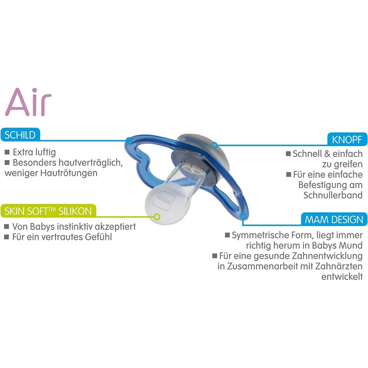 MAM Air Silikon Schnuller im 2er-Set, extra leichtes und luftiges Schilddesign, zahnfreundlicher Baby Schnuller aus speziellem MAM SkinSoft Silikon mit Schnullerbox, 16+ Monate, Katze/Herzen – Bild 3