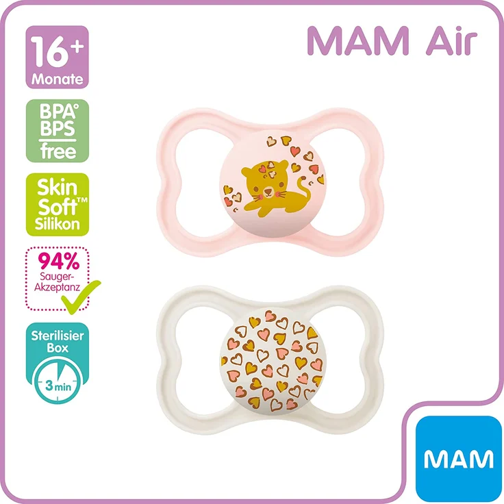 MAM Air Silikon Schnuller im 2er-Set, extra leichtes und luftiges Schilddesign, zahnfreundlicher Baby Schnuller aus speziellem MAM SkinSoft Silikon mit Schnullerbox, 16+ Monate, Katze/Herzen – Bild 6
