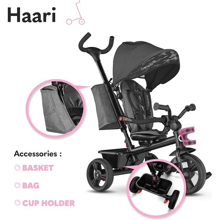 Lionelo Haari 2in1 Dreirad mit Schubstange ab 18 Monate bis 25kg Vorwärts und Rückwärtsfahrt schlauchlose Gummireifen Freilauf geräumiger Korb Tasche Getränkehalter (Grau) – Bild 6