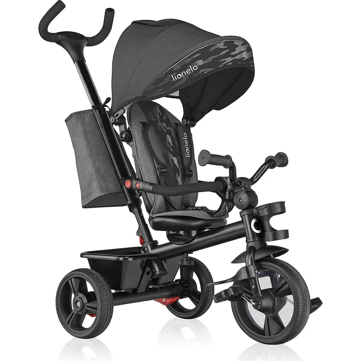 Lionelo Haari 2in1 Dreirad mit Schubstange ab 18 Monate bis 25kg Vorwärts und Rückwärtsfahrt schlauchlose Gummireifen Freilauf geräumiger Korb Tasche Getränkehalter (Grau) – Bild 1