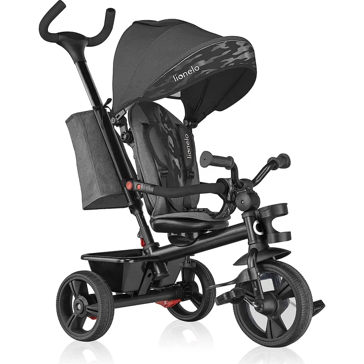 Lionelo Haari 2in1 Dreirad mit Schubstange ab 18 Monate bis 25kg Vorwärts und Rückwärtsfahrt schlauchlose Gummireifen Freilauf geräumiger Korb Tasche Getränkehalter (Grau)