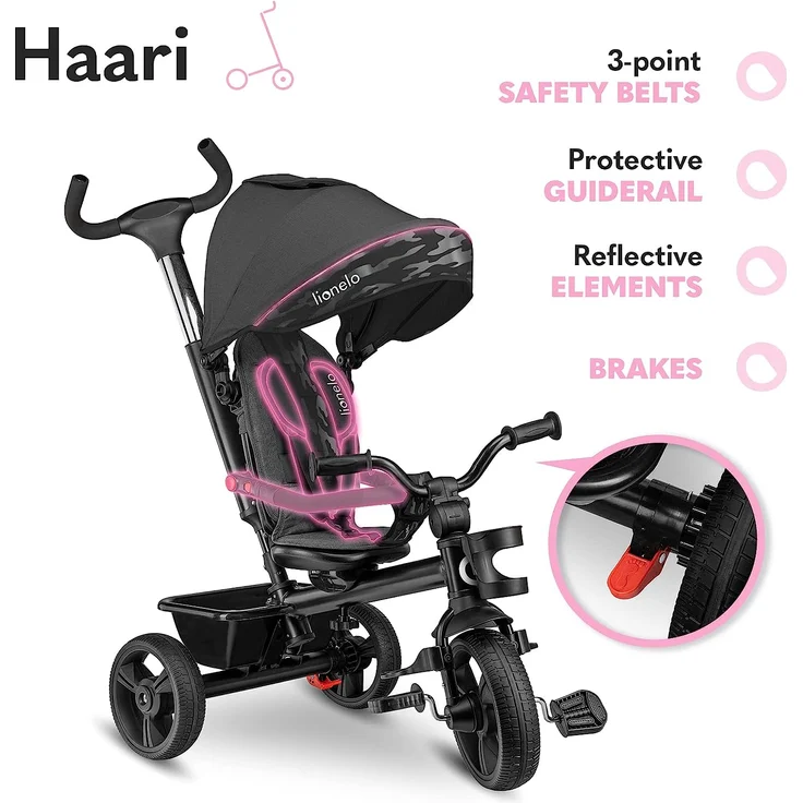 Lionelo Haari 2in1 Dreirad mit Schubstange ab 18 Monate bis 25kg Vorwärts und Rückwärtsfahrt schlauchlose Gummireifen Freilauf geräumiger Korb Tasche Getränkehalter (Grau) – Bild 5