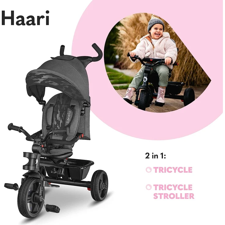 Lionelo Haari 2in1 Dreirad mit Schubstange ab 18 Monate bis 25kg Vorwärts und Rückwärtsfahrt schlauchlose Gummireifen Freilauf geräumiger Korb Tasche Getränkehalter (Grau) – Bild 3