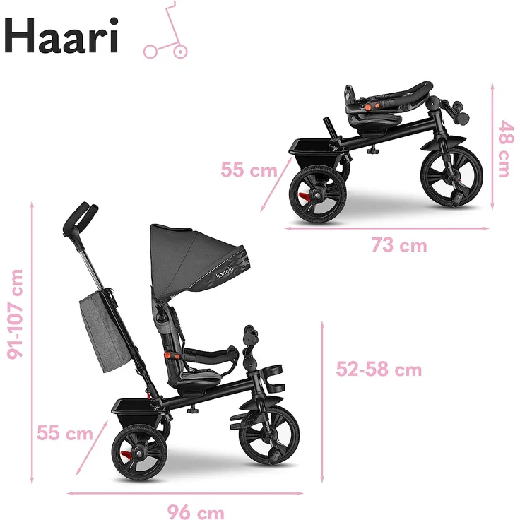 Lionelo Haari 2in1 Dreirad mit Schubstange ab 18 Monate bis 25kg Vorwärts und Rückwärtsfahrt schlauchlose Gummireifen Freilauf geräumiger Korb Tasche Getränkehalter (Grau) – Bild 8