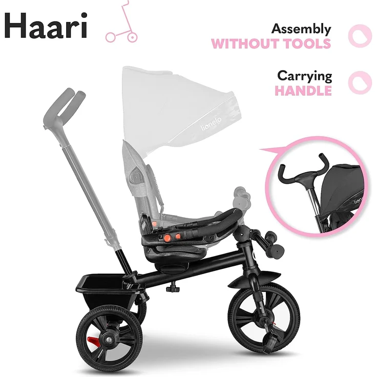 Lionelo Haari 2in1 Dreirad mit Schubstange ab 18 Monate bis 25kg Vorwärts und Rückwärtsfahrt schlauchlose Gummireifen Freilauf geräumiger Korb Tasche Getränkehalter (Grau) – Bild 7