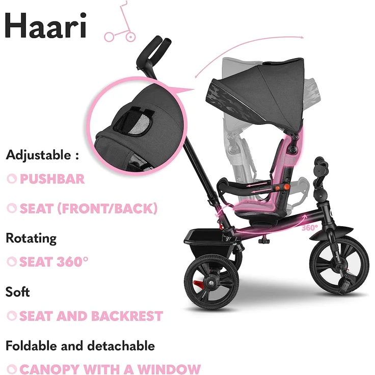 Lionelo Haari 2in1 Dreirad mit Schubstange ab 18 Monate bis 25kg Vorwärts und Rückwärtsfahrt schlauchlose Gummireifen Freilauf geräumiger Korb Tasche Getränkehalter (Grau) – Bild 4
