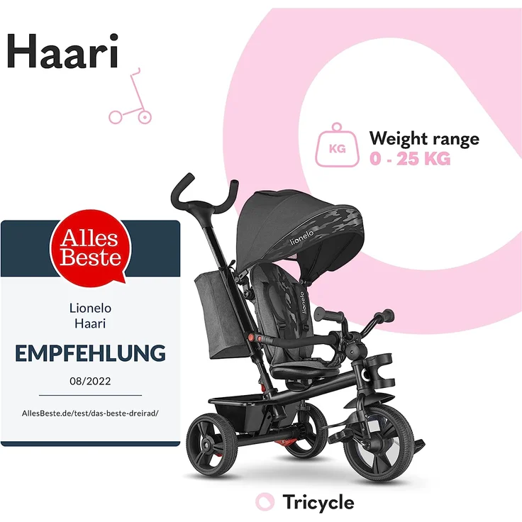 Lionelo Haari 2in1 Dreirad mit Schubstange ab 18 Monate bis 25kg Vorwärts und Rückwärtsfahrt schlauchlose Gummireifen Freilauf geräumiger Korb Tasche Getränkehalter (Grau) – Bild 2