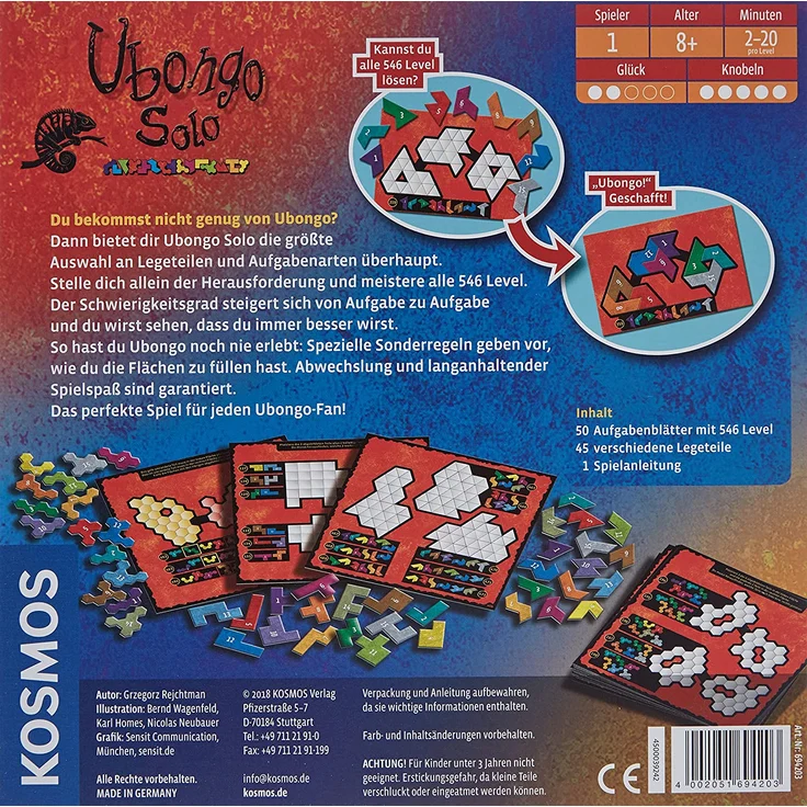 Kosmos 694203 - Ubongo Solo, 1 Spieler - 45 Legeteile - 546 Level, Knobelspaß und Legespiel, Brettspiel ab 8 Jahre – Bild 4