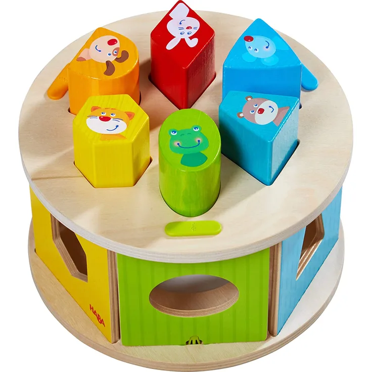 HABA 305060 - Sortierbox Lieblingstiere, farbenfrohes Zuordnungsspiel mit 6 Holzsteinen und 1 Sortierbox, Motorikspielzeug ab 12 Monaten , zum Lernen von Farben und Formen