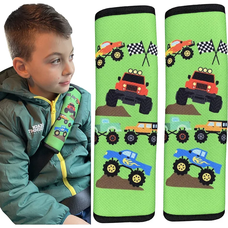 HECKBO® 2x Auto Gurtschutz mit Monster Trucks - Sicherheitsgurt Schulterpolster Schulterkissen Gurtschoner Autositze Gurtpolster für Kinder, Jungen Jungs - schützt vor Einschneiden des Gurtes