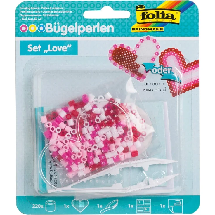 folia 73203 - Bügelperlen Starter Set Fun, mit einer herzförmigen Stiftplatte, 220 Perlen, eine Pinzette, Bügelpapier und eine Anleitung – Bild 1