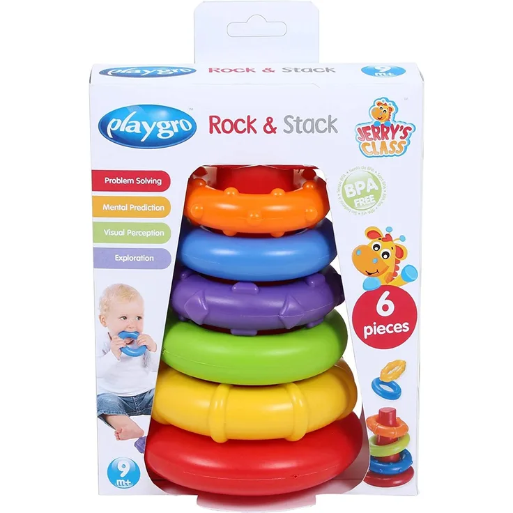 Playgro Ringpyramide, Steck- und Sortierspiel, Ab 9 Monaten, My First Sort and Stack Tower, Rot/Bunt, 40082