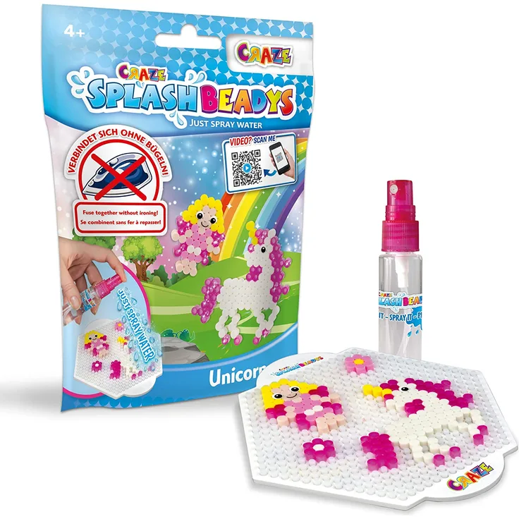 CRAZE Splash BEADYS Einhorn Unicorn Foilbag Starter Pack Bügelperlen Set zum Basteln Wasserperlen 26076, wunderschöne Farben