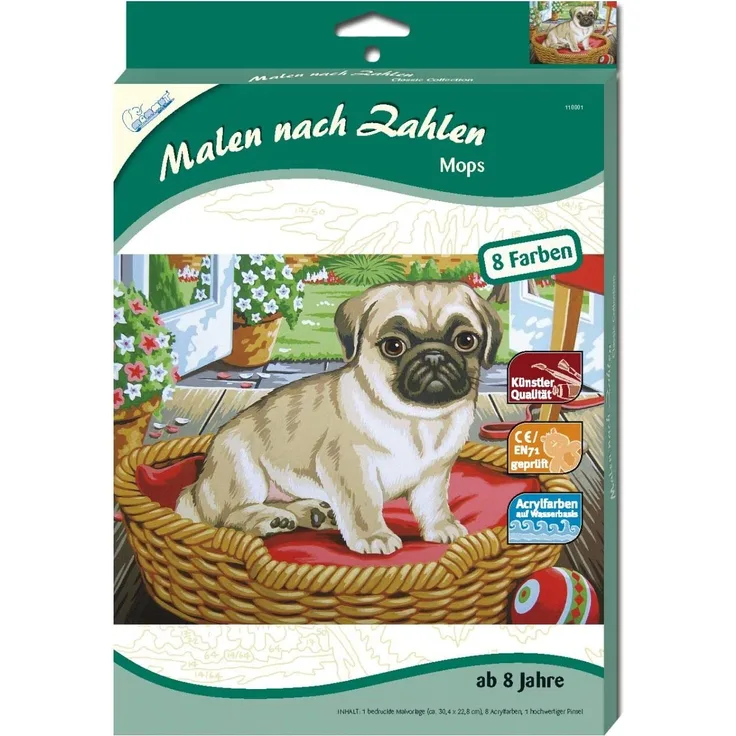 Mammut Spiel & Geschenk 110001 Malen nach Zahlen Classic Tiermotiv, Mops, Hund, Komplettset mit bedruckter Malvorlage im A4 Format, 8 Acrylfarben und Pinsel, Malset für Kinder ab 8 Jahre