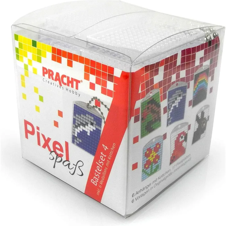 Pixel P90011-63501 Spaß Bastelset 4, zur Gestaltung von 6 Schlüsselanhängern (Medaillons) für Kinder, kinderleichtes Stecksystem, ohne Bügeln und Kleben, Steinchen aus Biokunststoff
