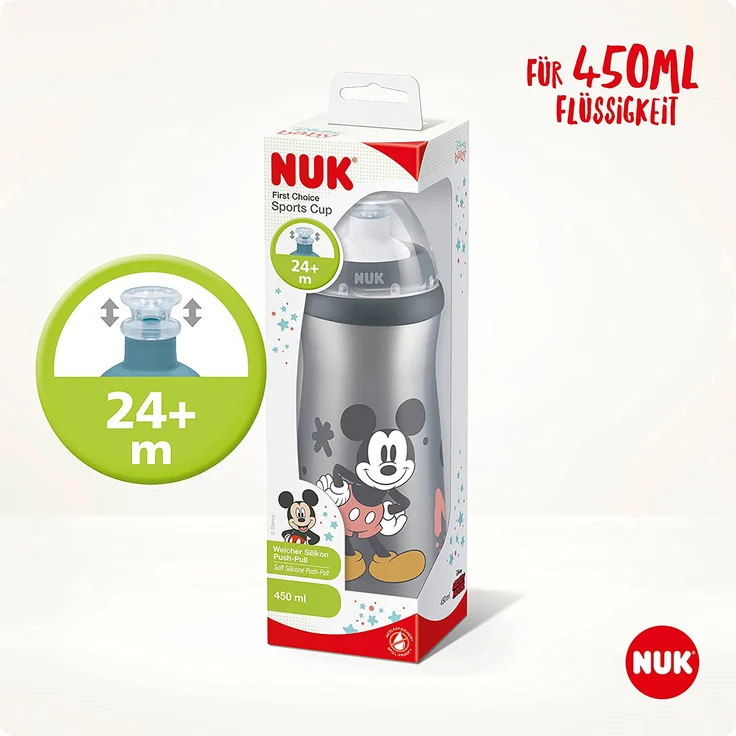 NUK Sports Cup Kinder Trinkflasche | 24+ Monate | auslaufsichere Push-Pull-Tülle | Clip und Schutzkappe | BPA-frei | 450 ml | Disney Minnie Maus (grau) – Bild 5