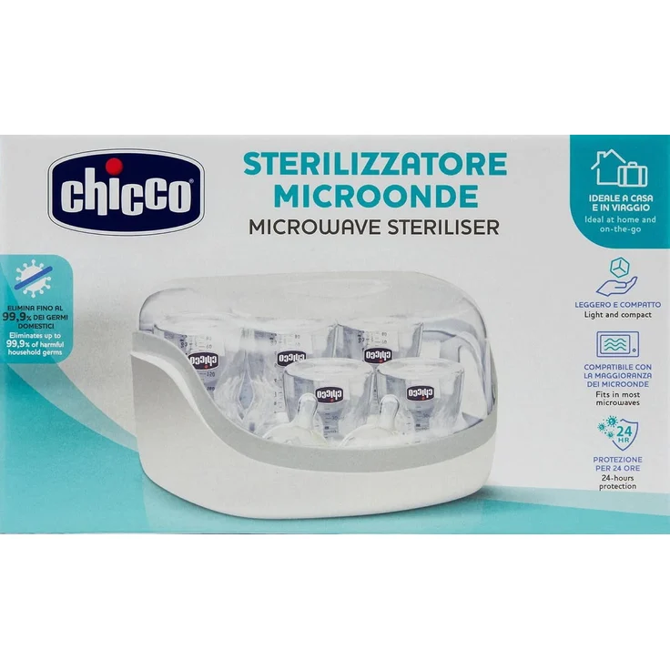 Chicco Sterilisator für die Mikrowelle, Dampfsterilisator für Babyflaschen, bis zu 5 Babyflaschen und Zubehör, weiß – Bild 1