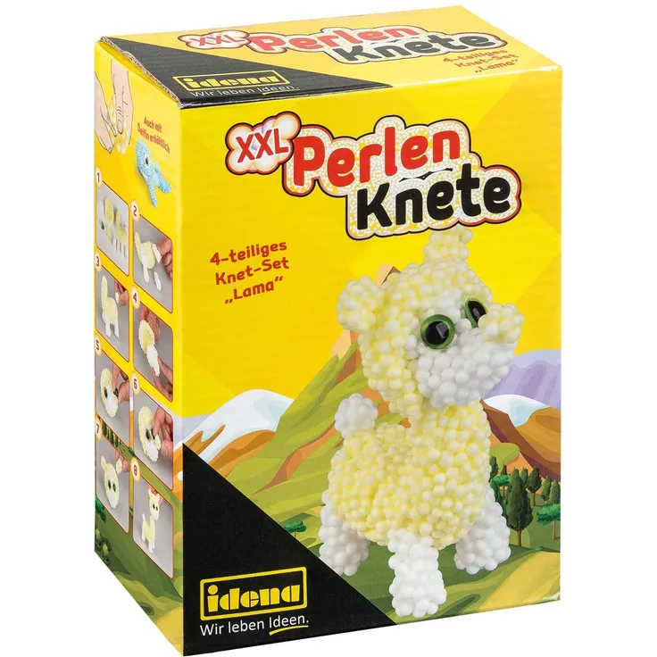 Idena 40326 - XXL Perlenknete Bastelset Lama, mit lufttrocknender Knete und Zubehör, zum Modellieren und Dekorieren, 4 teilig