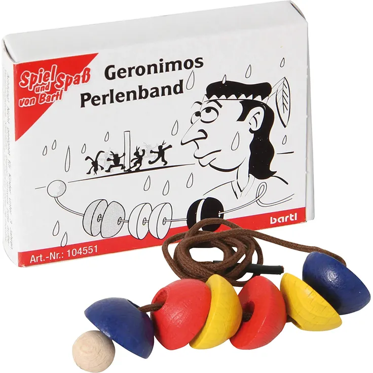 Bartl 104551 Mini-Holz-Puzzle Geronimos-Perlenband aus 6 kleinen bunten Holzteilen und Einer Schnur mit Holzkugel