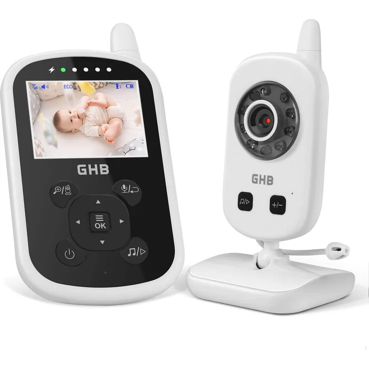 GHB Baby Monitor Babyphone Video 2,4 GHz ECO Modus Gegensprechfunktion Temperatursensor Reichweite ca. 300m Schlaflieder Weiß