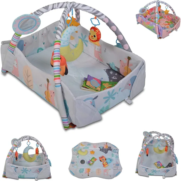 Moni Spielcenter 2 in 1 Oase Krabbeldecke Kissen Spielbogen Spielzeuge Bällebad, Farbe:grau