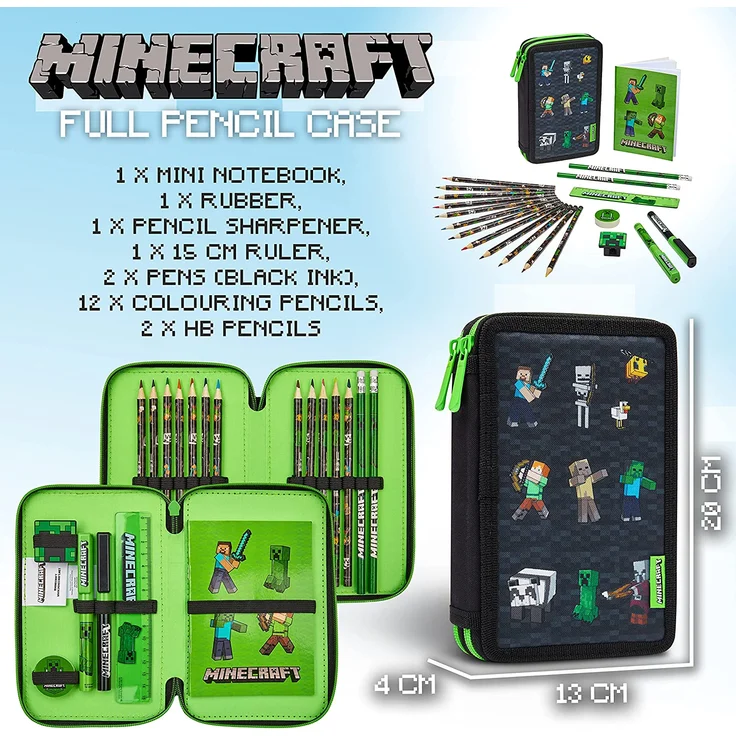 Minecraft Federmäppchen Junge Gefüllt, Federtasche Junge gefüllt mit Schreibwaren, 2 Fächer Pencil Case, Einschulung Junge – Bild 7
