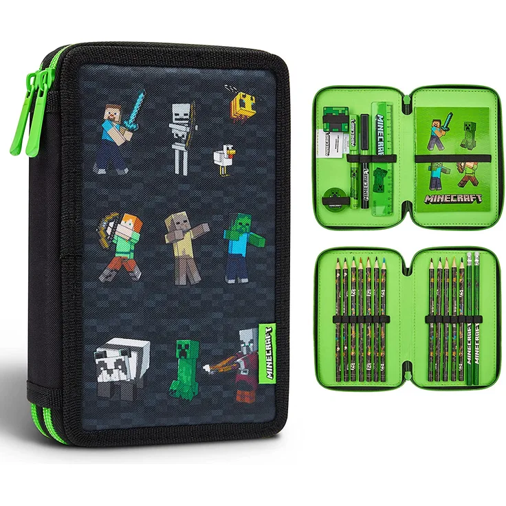 Minecraft Federmäppchen Junge Gefüllt, Federtasche Junge gefüllt mit Schreibwaren, 2 Fächer Pencil Case, Einschulung Junge