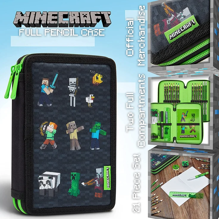 Minecraft Federmäppchen Junge Gefüllt, Federtasche Junge gefüllt mit Schreibwaren, 2 Fächer Pencil Case, Einschulung Junge – Bild 3