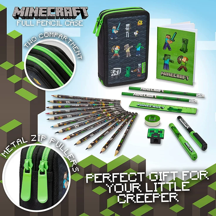 Minecraft Federmäppchen Junge Gefüllt, Federtasche Junge gefüllt mit Schreibwaren, 2 Fächer Pencil Case, Einschulung Junge – Bild 2