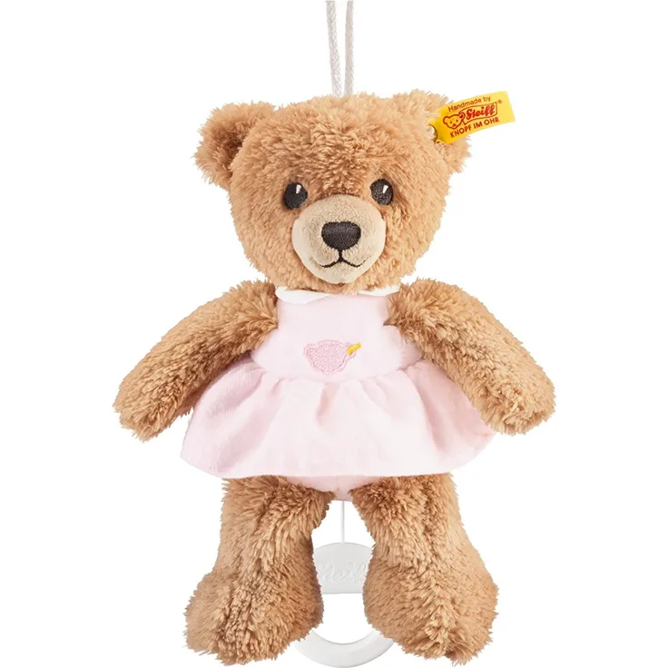 Steiff Schlaf-gut Bär Spieluhr - 20 cm - Teddybär mit Kleid - Kuscheltier für Babys - weich & waschbar - beige / rosa (239540)